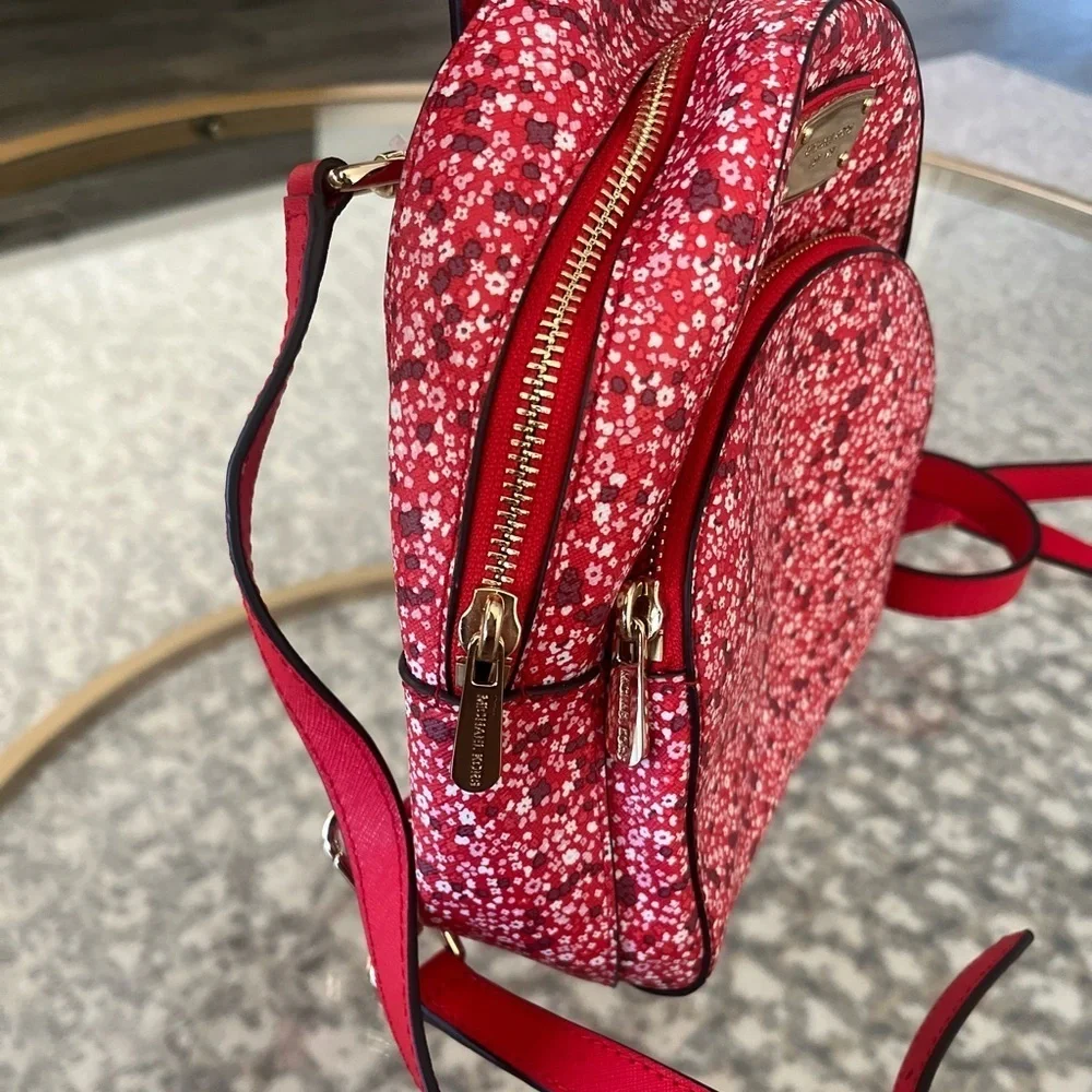🌸NWT Authentic Michael Kors Abbey Mini Backpack - Red Floral with Gold Accents